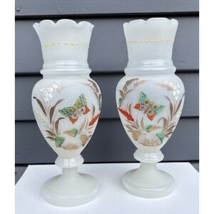 Antique Bristol opaline blown glass matched vases hand painted butterflies EVC